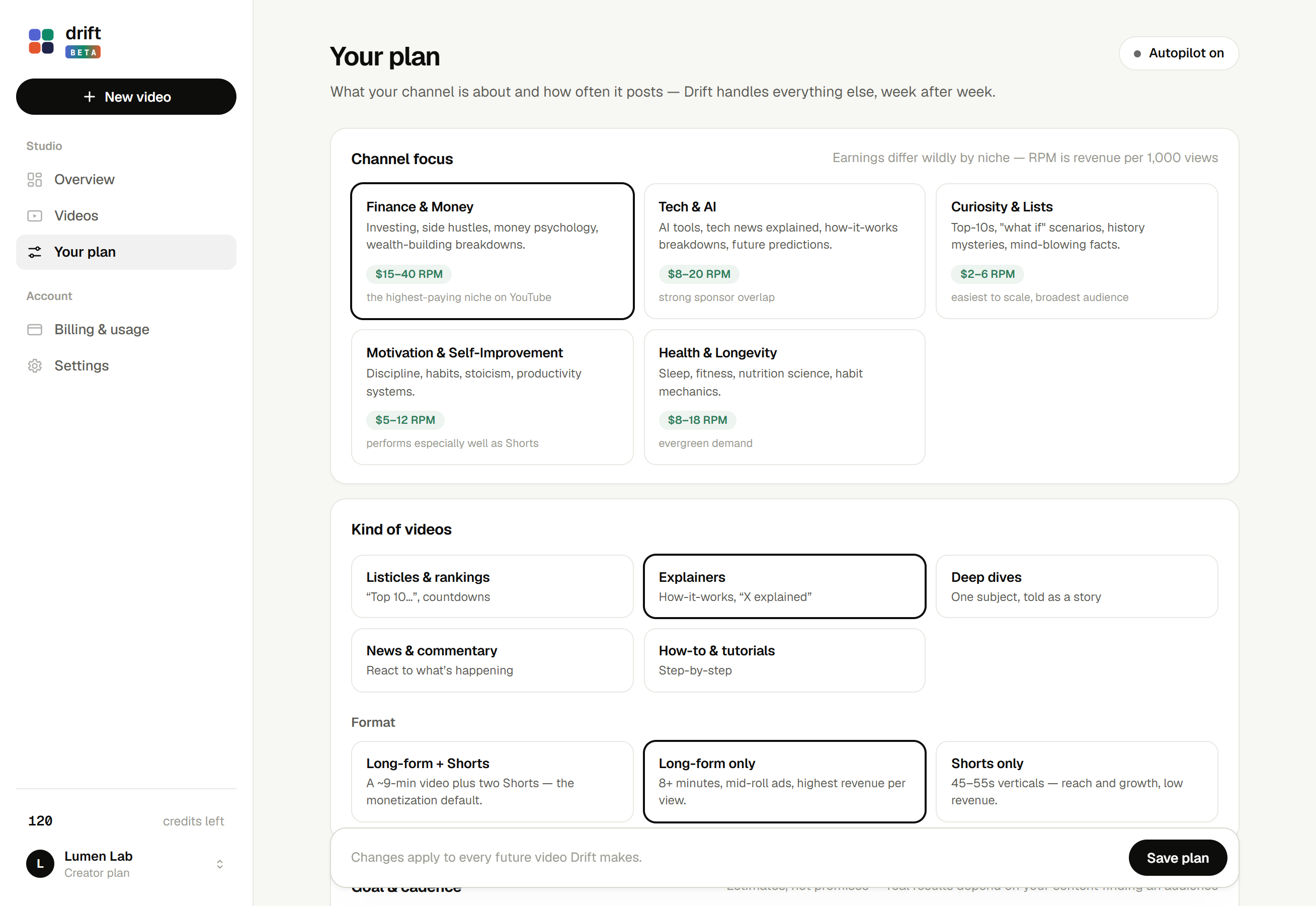Drift plan — channel focus, video style and cadence